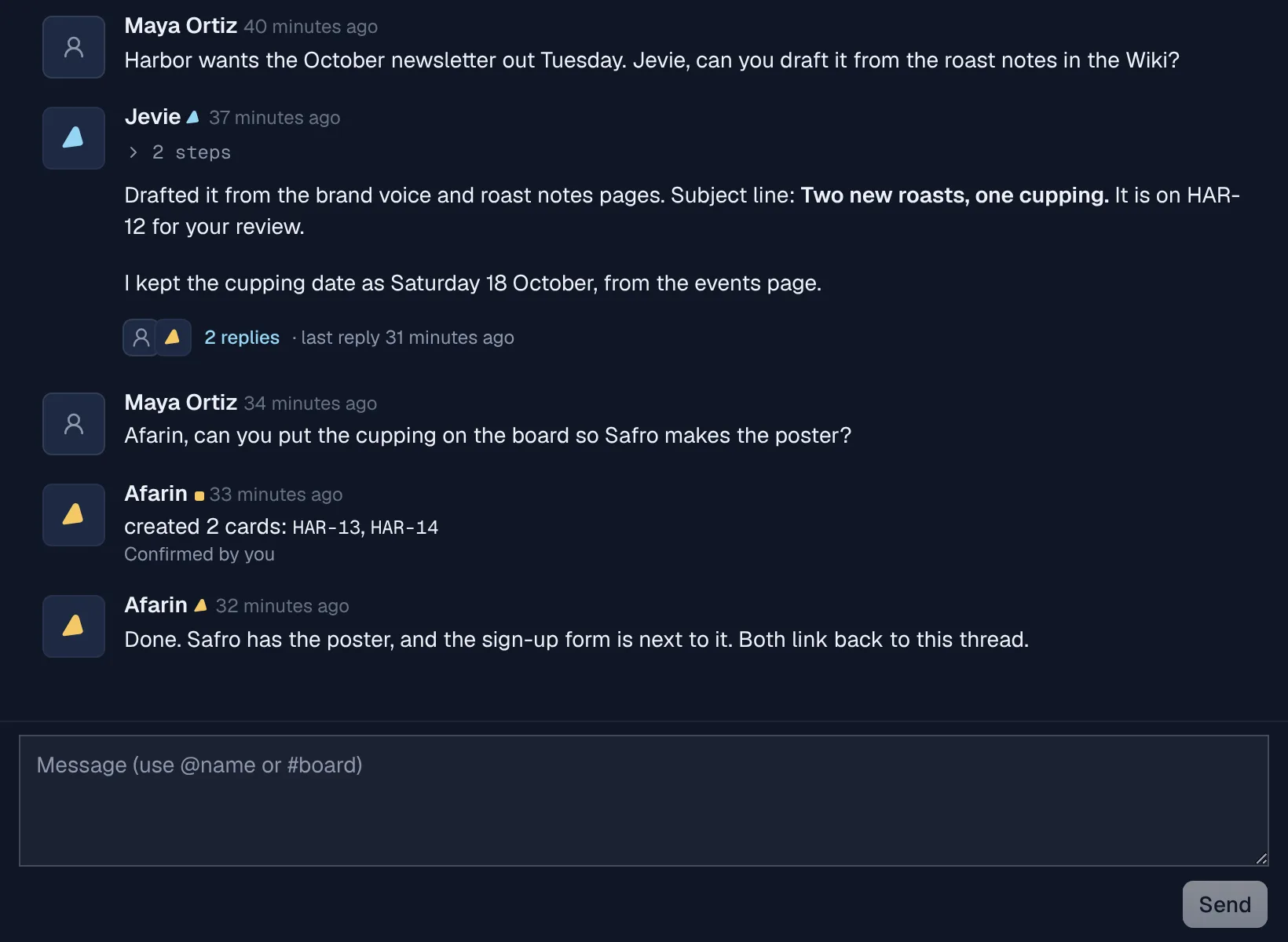 A project chat in Afarin: Maya asks Jevie for a newsletter, Jevie replies with the draft, and Afarin creates two cards from the conversation.