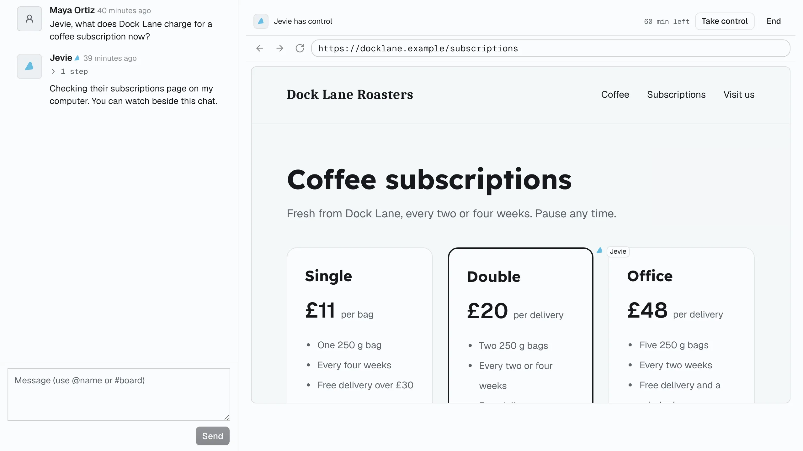 Jevie's computer beside the chat: Jevie has control of a browser on a roaster's subscriptions page, with Take control and End buttons.