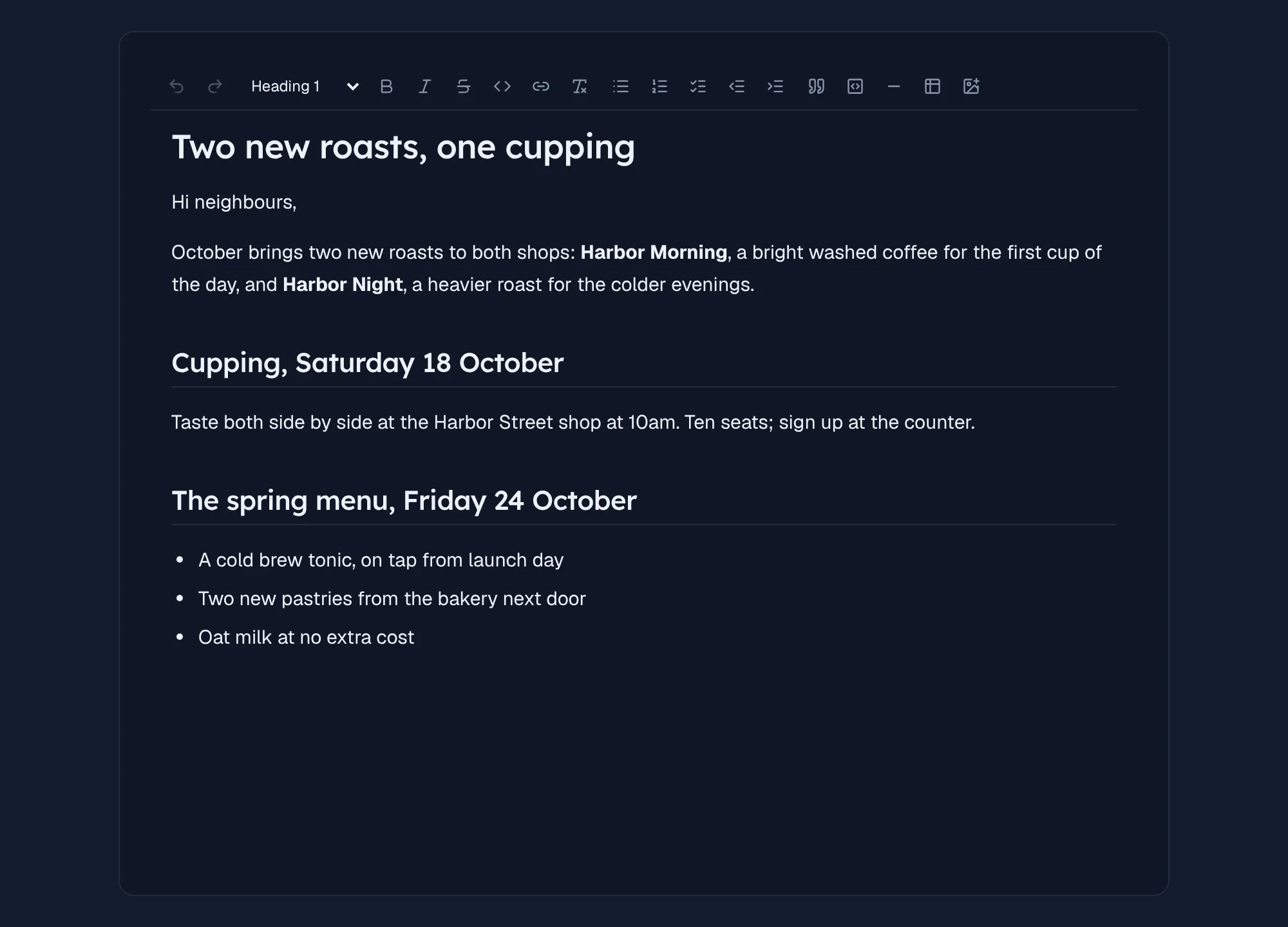 A newsletter draft open in Afarin's document editor, with its toolbar: headings, a short intro and a list of what launches on Friday.