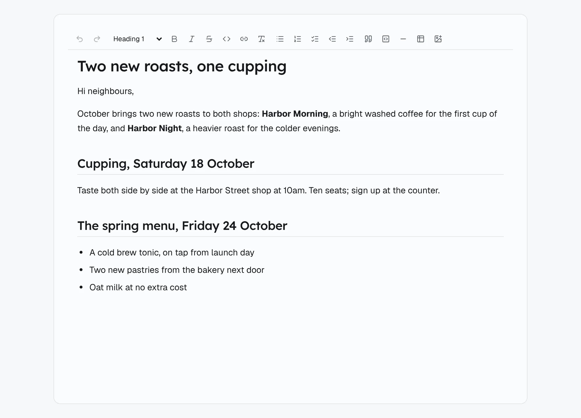 A newsletter draft open in Afarin's document editor, with its toolbar: headings, a short intro and a list of what launches on Friday.