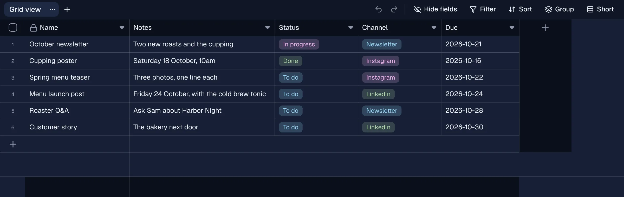 A content calendar as a table in Afarin, with each post's notes, status, channel and due date.