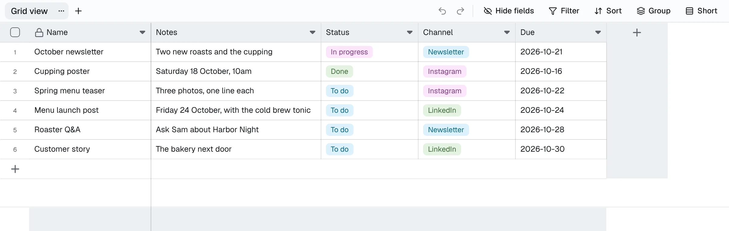 A content calendar as a table in Afarin, with each post's notes, status, channel and due date.