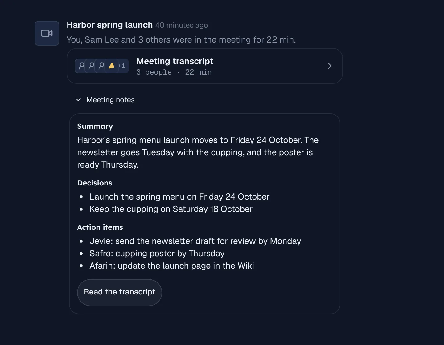 A meeting card in the chat with its notes: a summary, the decisions and the action items for each agent.