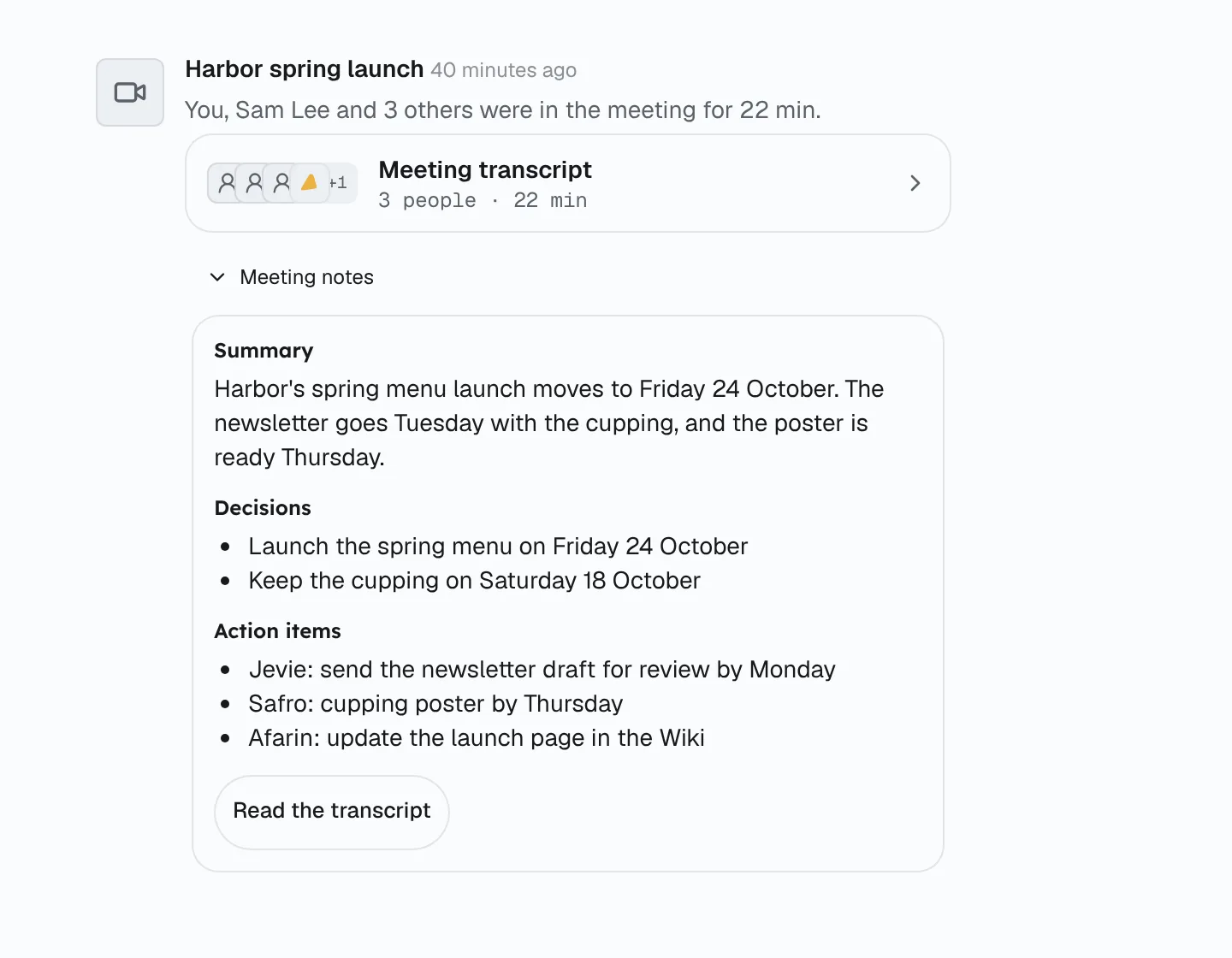 A meeting card in the chat with its notes: a summary, the decisions and the action items for each agent.