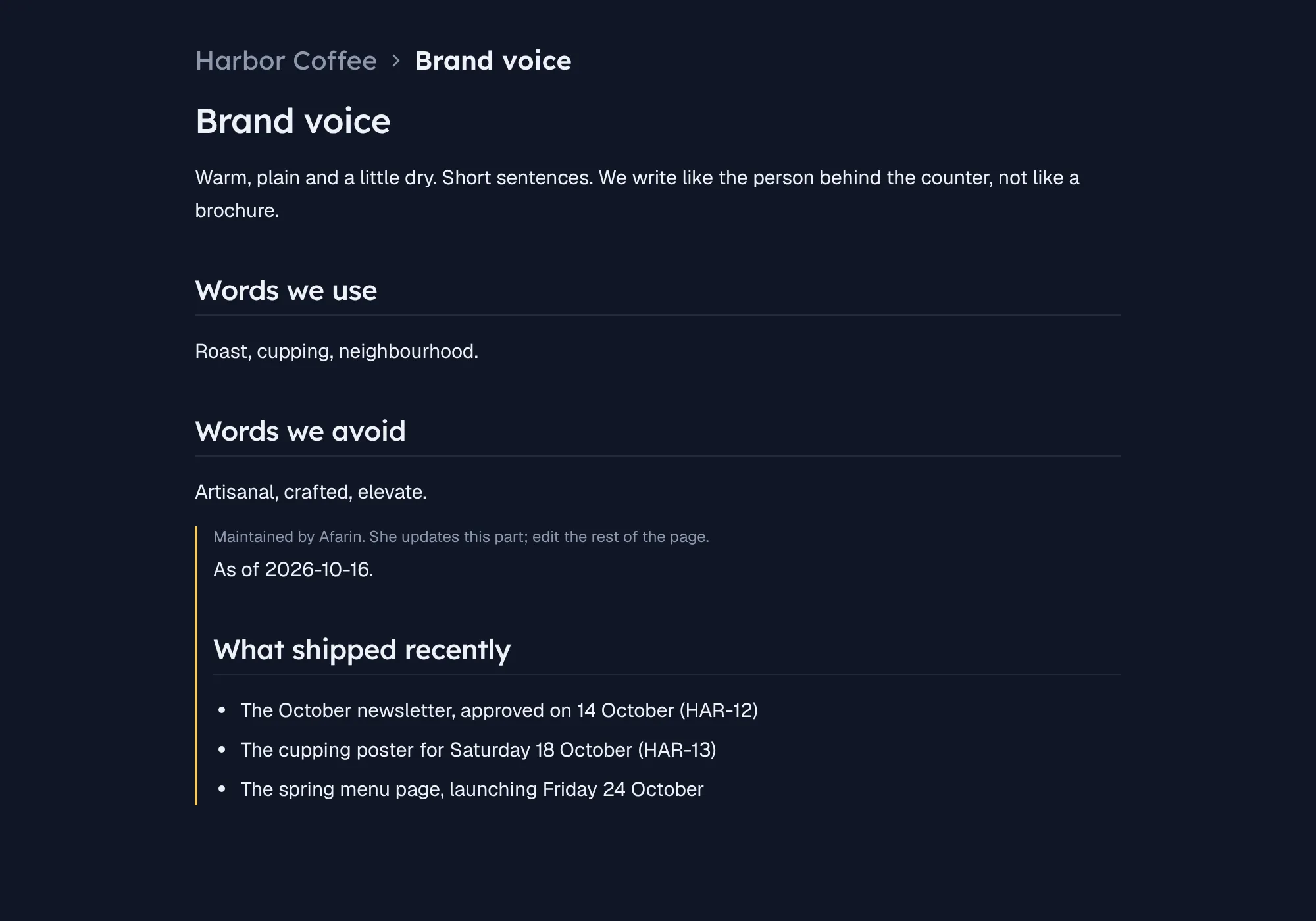 A Wiki page for a client's brand voice, with a section Afarin maintains that lists what shipped recently.