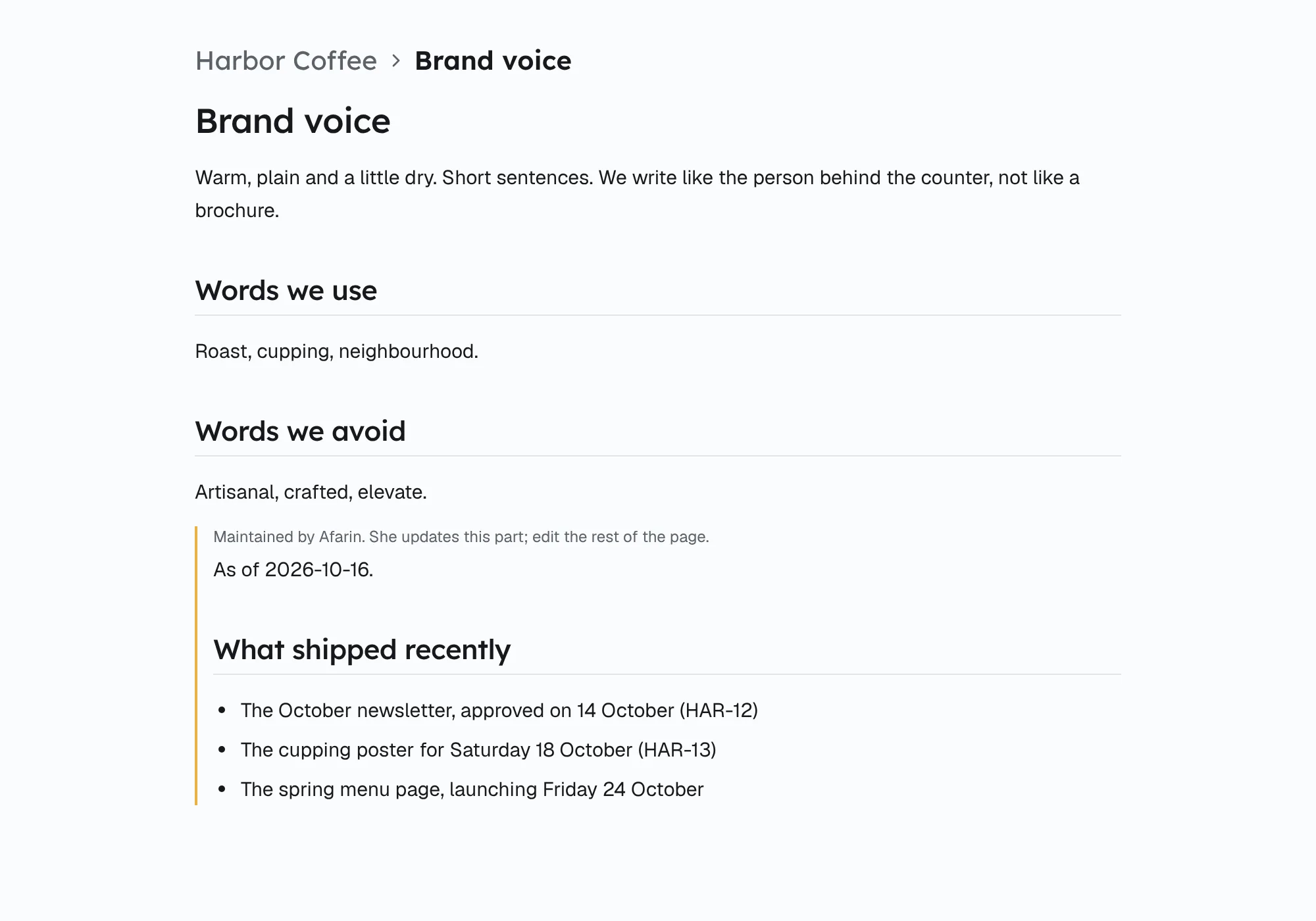 A Wiki page for a client's brand voice, with a section Afarin maintains that lists what shipped recently.